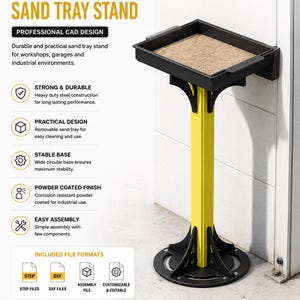 Può includere: Un supporto industriale per vaschetta di sabbia con un vassoio quadrato nero, una colonna di supporto verticale gialla e una base circolare nera. Il design include etichette testuali come MSAPEXDESIGN, INDUSTRIAL SAND TRAY STAND e STEP & DXF INCLUDED.