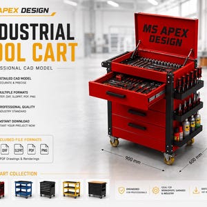 Pode incluir: Um carrinho de ferramentas industrial vermelho com detalhes pretos, apresentando uma tampa superior aberta, uma gaveta estendida e prateleiras laterais com várias ferramentas. O carrinho exibe o texto MS APEX DESIGN e medidas de 1620 mm, 900 mm e 600 mm.