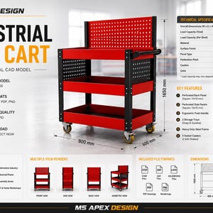 Puede incluir: Un modelo CAD de carro de herramientas industrial con diseño de tres niveles en rojo y negro, panel trasero perforado, paneles laterales y cuatro ruedas giratorias. Las especificaciones técnicas indican medidas de 900 mm x 600 mm x 1650 mm.