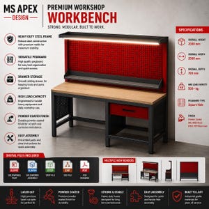 CAD-modell för industriell arbetsbänk med pegbräda | Verktygsbänk med en låda | Stegvisa Dxf-filer i SolidWorks