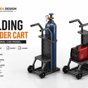 Può includere: Due carrelli industriali per bombole di saldatura con telai e ruote in metallo nero. Un carrello sostiene una bombola blu, l'altro una bombola verde e una saldatrice rossa. Il testo include MS APEX DESIGN WELDING CYLINDER CART.