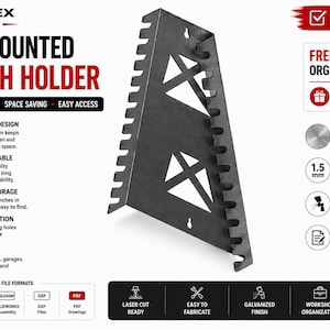 May include: A black wall-mounted wrench holder made of galvanised steel with a 1.5 mm thickness. The metal rack features a series of notched slots along its edges for tool storage and includes pre-drilled mounting holes for installation.