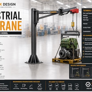 May include: An industrial jib crane CAD model featuring a black steel column, a rotating arm, and a manual chain hoist lifting a green mechanical component on a wooden pallet. The graphic includes technical specifications, key components, and text.