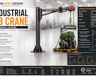 May include: An industrial jib crane CAD model featuring a black steel column, a rotating arm, and a manual chain hoist lifting a green mechanical component on a wooden pallet. The graphic includes technical specifications, key components, and text.