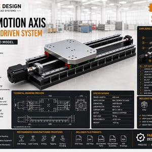 May include: A linear motion axis ballscrew driven system featuring a silver metal carriage plate on a black base. The image includes technical specifications, an exploded assembly diagram, and a technical drawing with dimensions in millimeters.