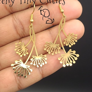 Stainless Steel Dandelion Drop / Dangle Earrings Pair: In Gold & Silver w/ Fish Hook Closures.