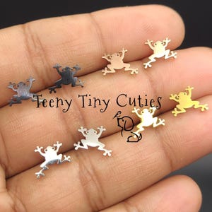 Tiny Leaping Frog Stud Earrings Pair: Unisex, Push Backs, Stainless Steel in Gold, Silver, Black & Rose Gold.
