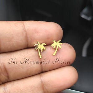Mini Tropical Palm / Coconut Tree Stud Earrings. Simple Push Back Style, NON TARNISH Laser Cut Stainless Steel in Gold or Silver  Tones.