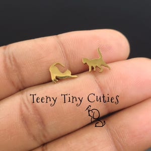 Playful Cats Tiny Earrings. Simple, Cute, Push Back, Hypoallergenic, Non Tarnish Cat Earring Pair as Silver or Gold Stainless Steel.