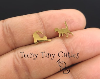 Playful Cats Tiny Earrings. Simple, Cute, Push Back, Hypoallergenic, Non Tarnish Cat Earring Pair as Silver or Gold Stainless Steel.