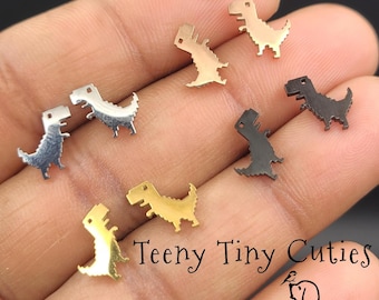 Tyrannosaurs / T-Rex Tiny Stud Earrings Pair: Unisex Push Backs, Stainless Steel in Gold, Silver, Balck & Rose Gold.