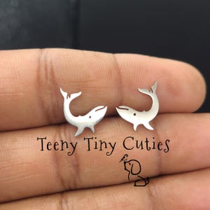 Tiny Blue Whale Non Tarnish Stainless Steel Push Back Stud Earrings. Laser Cut Metal Comes In Gold, Silver & Black Tones. Nautical Earrings