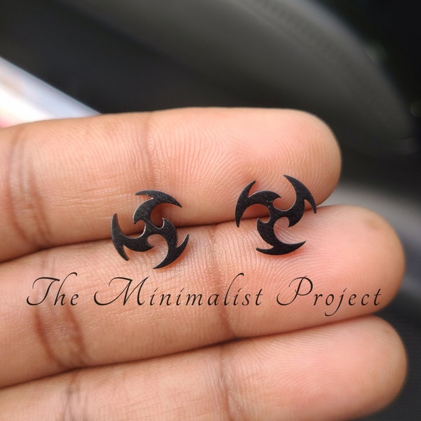 Ninja Boomerang / Wheel Spike Stud Earrings for Men / Women. Push Back Style Made w/ NON TARNISH Stainless Steel in Gold / Silver or Black.
