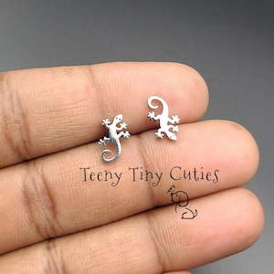 Teeny Tiny Gecko Lizard Laser Cut Stainless Steel Earrings. Push Back Stud Earrings made w/ NON TARNISH Stainless Steel in Gold or Silver.
