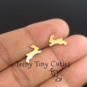 May include: A pair of gold-toned stud earrings shaped like leaping rabbits. The text Teeny Tiny Cuties is printed in black below the earrings, accompanied by a small black line-art illustration of a dog with a bird perched on its head.