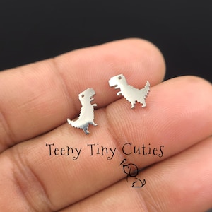 Cute T - Rex Minimalist Earrings. Teeny Tiny, Hypoallergenic & Non Tarnish Dinosaur Push Back Earring Pair. Silver or Gold Stainless Steel.