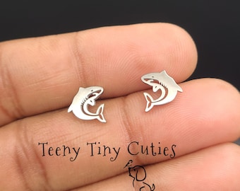 Tiny Shark Push Back Earrings. Tarnish Free w/ Laser Cut Stainless Steel In Gold, Rose Gold, Silver or Black. Minimalist Fish Earrings Pair.