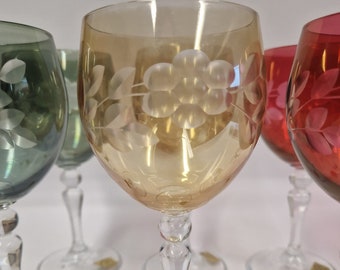 Six wine or dessert glasses from Glasveredelung Lucka GmbH hand-cut and hand-painted colorful vintage