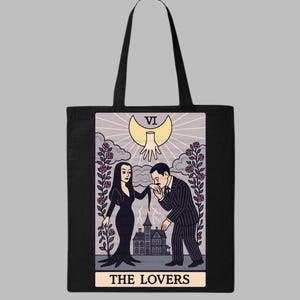 Organic cotton tote bag with The Lovers tarot card design inspired by Morticia & Gomez Addams. Gothic artwork with crescent moon, roses, and haunted mansion. Perfect for Halloween, witchy fashion, and gothic romance fans. Handmade canvas tote featuring The Lovers tarot artwork inspired by Morticia & Gomez Addams. Gothic romance illustration with crescent moon and roses. Ideal spooky tote for Halloween and Addams Family lovers.