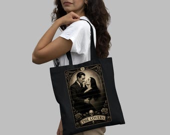 The Lovers Gothic Tarot Tote Bag, Morticia & Gomez Addams Inspired, dark romance art
