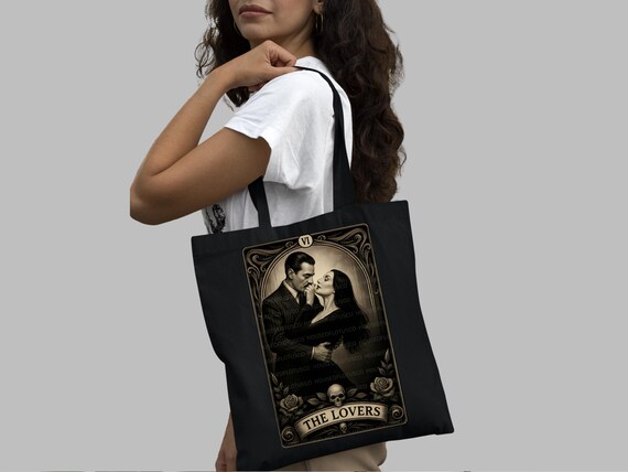 The Lovers Gothic Tarot Tote Bag, Morticia & Gomez Addams Inspired, dark romance art