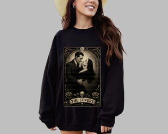 The Lovers Gothic Tarot Morticia Gomez Addams Family Inspired Crewneck Sweatshirt Romantic Dark Art