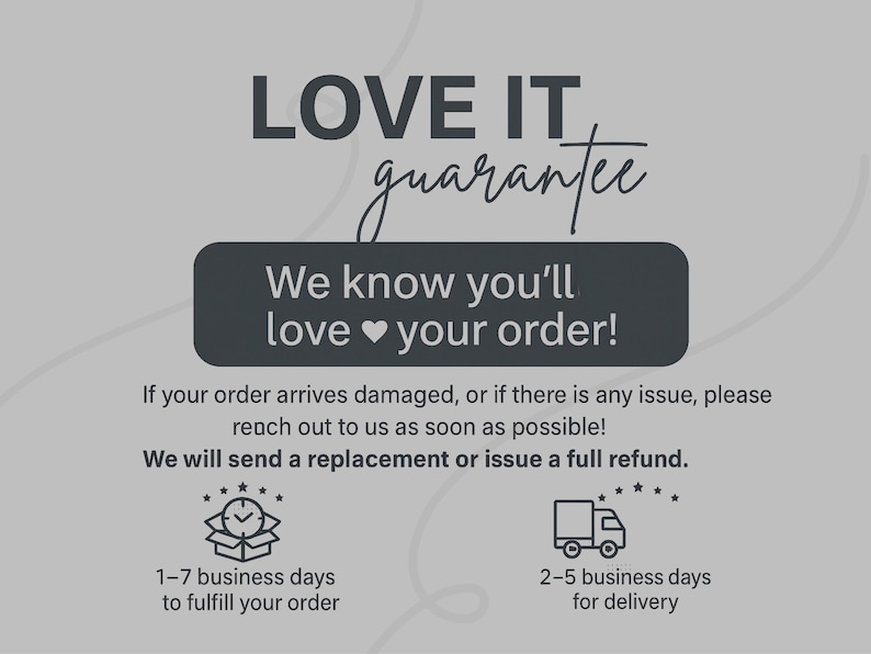 May include: A gray graphic with the words "LOVE IT guarantee" in a handwritten font. Below, a dark gray rectangle states "We know you'll love your order!" Additional text and icons are included.