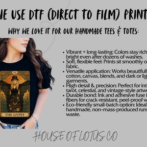 May include: Black t-shirt featuring a tarot card design with the text "THE GYPSY". The image shows a woman wearing the shirt. The text "WE USE DTF (DIRECT TO FILM) PRINTS" is at the top, with additional text below.