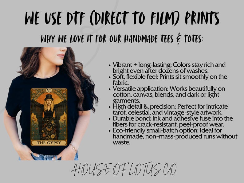 May include: Black t-shirt featuring a tarot card design with the text "THE GYPSY". The image shows a woman wearing the shirt. The text "WE USE DTF (DIRECT TO FILM) PRINTS" is at the top, with additional text below.