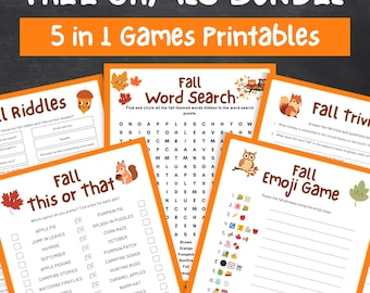 May include: A collection of five fall-themed printable games, including riddles, word search, trivia, and an emoji game. The games feature autumn leaves, squirrels, and pumpkins, with text like "Fall Games Bundle" and "5 in 1 Games Printables."