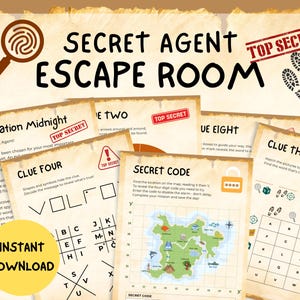Escape Room för hemliga agenter, spionspel för barn, utskrivbara aktiviteter för tonåringar