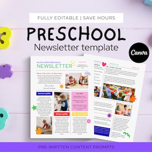 Puede incluir: Una plantilla digital de boletín informativo para preescolar con fondo blanco, texto negro, encabezados coloridos y varios marcadores de posición para fotos. El diseño incluye secciones para temas mensuales, actualizaciones de clase y destacados, editable en Canva.