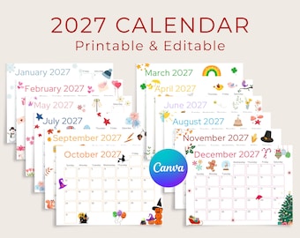 2027 Calendar Printable, Cute Kids Monthly Planner, Classroom Resources (Canva template, PDF)