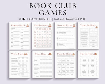 Puede incluir: Una descarga PDF imprimible de 8 juegos de club de lectura. Los juegos incluyen: Phrase Match, Dicebreaker, Over or Under, Name the Book, Word Hunt, Word Race, Pass the Book y This or That.