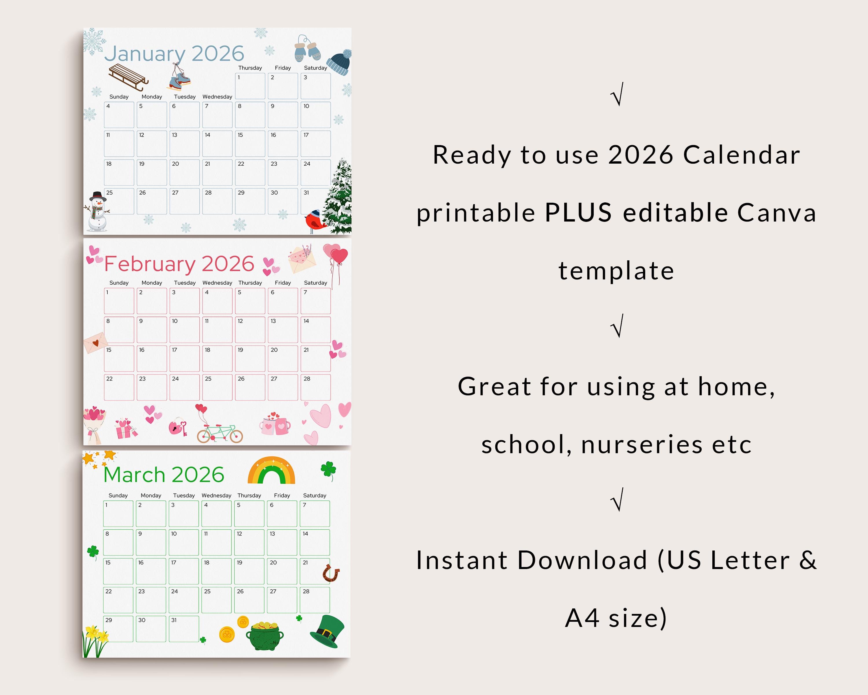 2026 Calendar Printable, Cute Kids Calendar 2026, Wall Calendar PDF ...