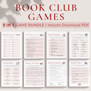 May include: A collection of eight book club games, including Bookronym, Book Battle, and Charades, in a soft pink and white design. The title "BOOK CLUB GAMES" is in burgundy script. The bundle is an instant download PDF.