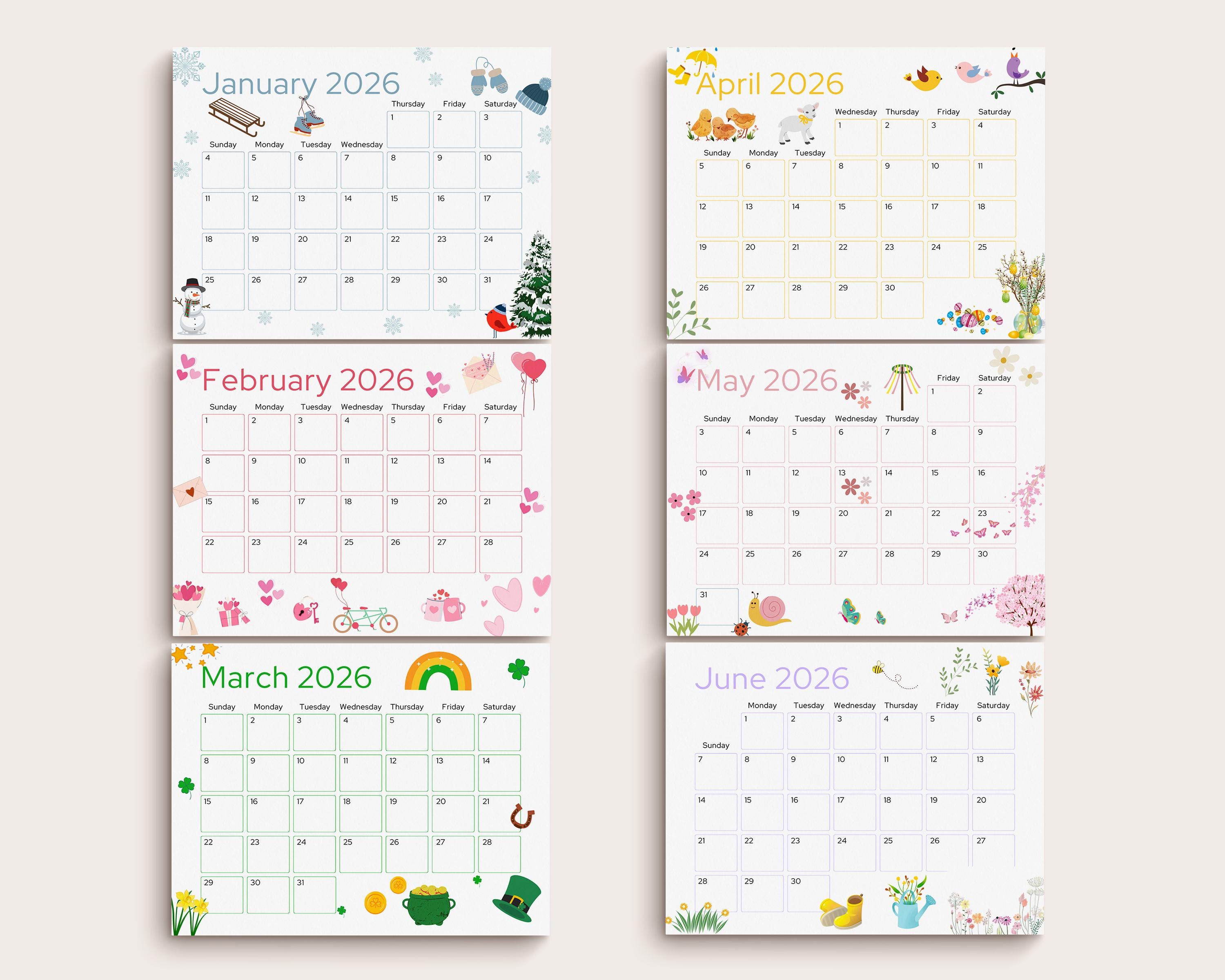 2026 Calendar Printable, Cute Kids Calendar 2026, Wall Calendar PDF ...