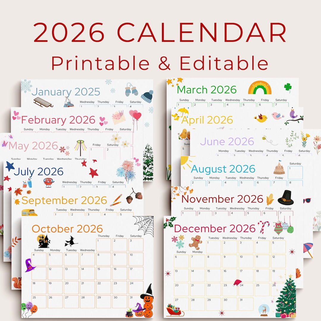 2026 Calendar Printable, Cute Kids Calendar 2026, Wall Calendar PDF ...