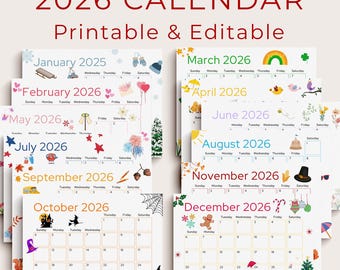 2026 Calendar Printable, Cute Kids Calendar 2026, Wall Calendar PDF, Editable 2026 Kids Calendar, Kids Monthly Planner, Homeschool Calendars