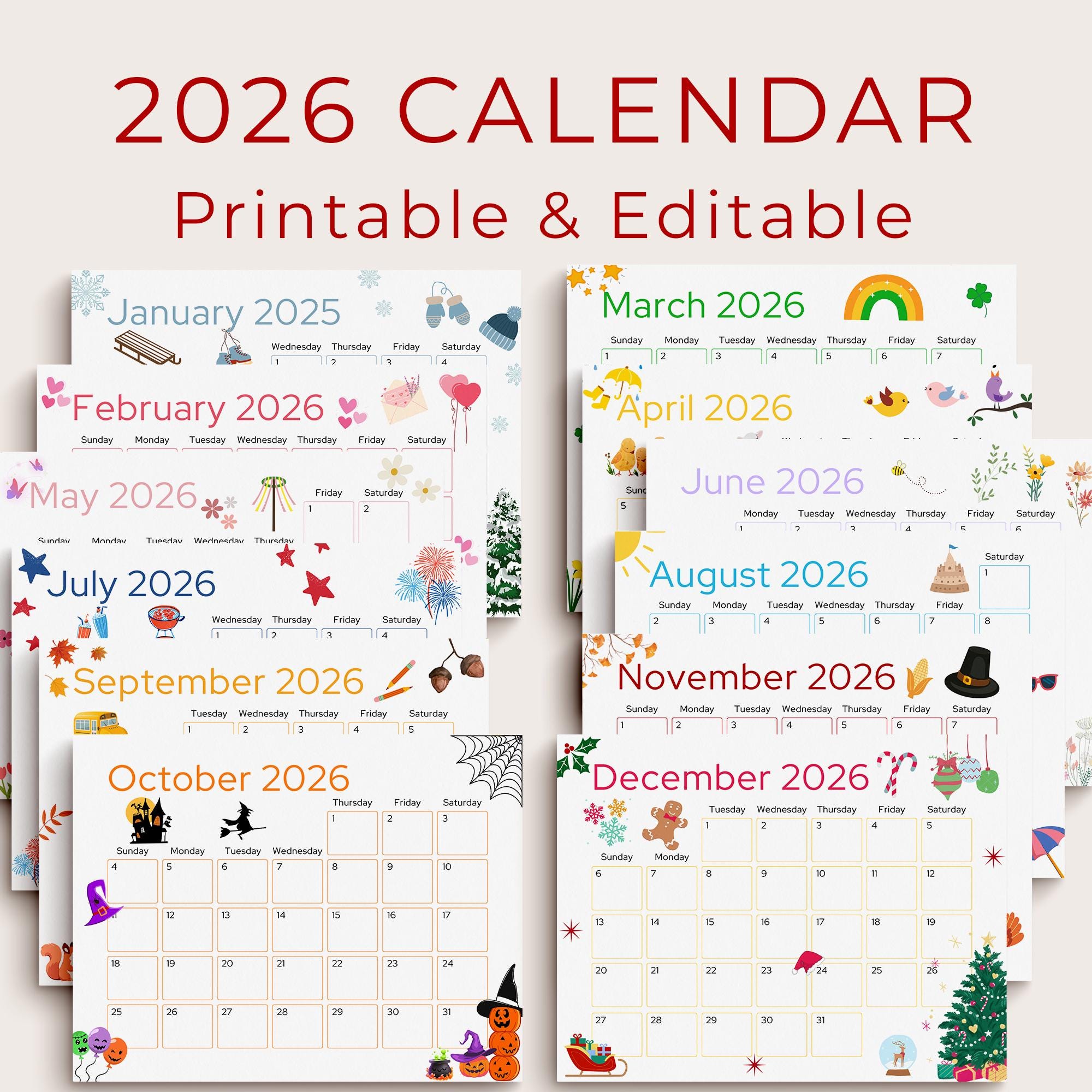 2026 Calendar Printable, Cute Kids Calendar 2026, Wall Calendar PDF ...