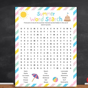 Summer Word Search for Kids, Summer Word Search Puzzle, Summer Activity Kids, Wordsearch Kids Activities, Holiday Activity Worksheet Game