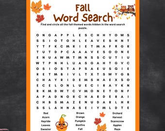 May include: A fall-themed word search puzzle with an orange border. The title "Fall Word Search" is at the top, with instructions below. Includes fall-related words like "Apples," "Leaves," and "Pumpkin."