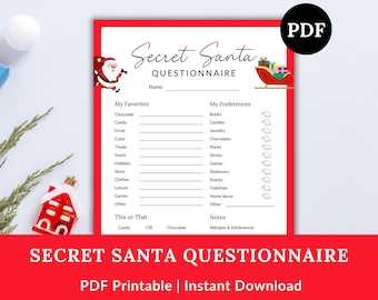 May include: A printable Secret Santa questionnaire with a red background and a cartoon Santa Claus and sleigh. The questionnaire asks for favorite things, preferences, and allergies. It includes sections for "My Favorites", "My Preferences", "This or That", and "Notes".
