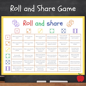 Peut inclure: Un jeu de société avec une bordure jaune, intitulé "Roll and Share Game", avec les mots "Roll and share" en couleurs. Le jeu présente une grille de questions, chacune associée à une icône de dé, conçue pour le jeu interactif.