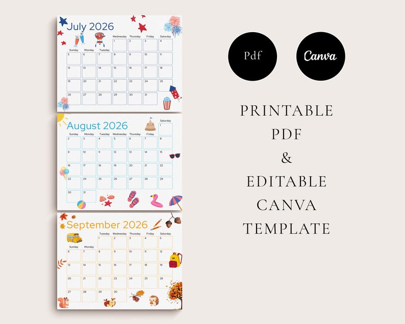 2026 Calendar Printable, Cute Kids Calendar 2026, Wall Calendar PDF ...