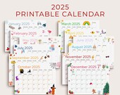 2025 Calendar Printable, Cute Kids Calendar 2025, Wall Calendar PDF, Editable 2025 Kids Calendar, Kids Monthly Planner, Homeschool Calendars