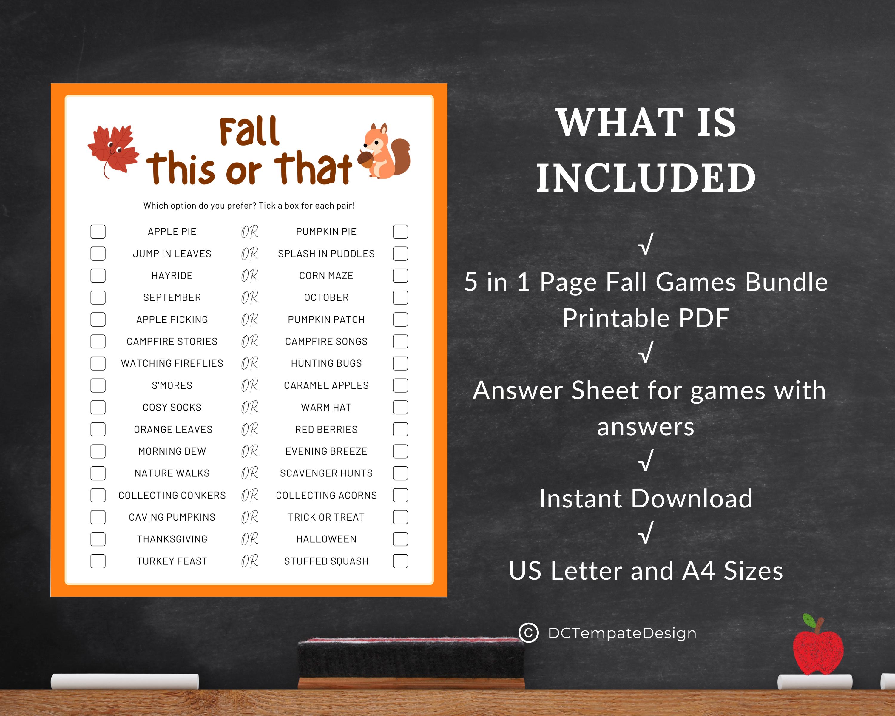 Fall Printable Games, Fall Game Bundle, Fall Party Games, Autumn Games ...