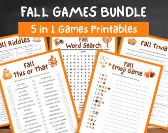 May include: A bundle of fall-themed printable games, including riddles, trivia, word search, and an emoji game. The games feature orange and brown accents with autumn-related graphics and text. The title "Fall Games Bundle" is displayed prominently.