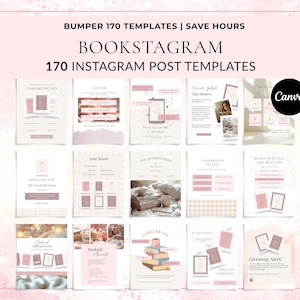 Könnte beinhalten: Eine Sammlung von 170 Instagram-Post-Vorlagen in Rosa und Weiß für Inhalte rund um Bücher. Die Vorlagen umfassen Designs für Buchrezensionen, Gewinnspiele und Zitate. Das Wort "BOOKSTAGRAM" ist deutlich sichtbar.