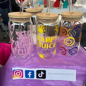 Smiley face glass can, personalised cup, lidded glass cup
